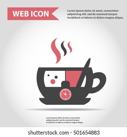 Illustration of cup with hot drink.Coffee, tea. Steam. Clock icon, bubbles.Spoon. Tea bag.Icon.
