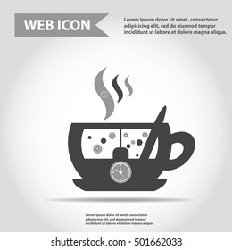 Illustration of cup with hot drink.Coffee, tea. Steam. Clock icon, bubbles.Spoon. Tea bag.Icon. Emblem for logo.