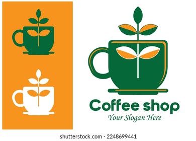 illustration of a cup and leaf. Elegant coffee or tea shop logo. Vector graphic