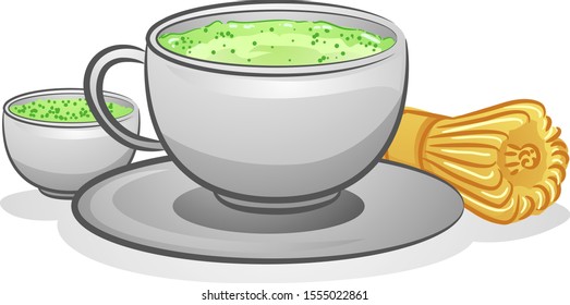 Illustration of a Cup of Matcha Green Tea with Bamboo Whisk