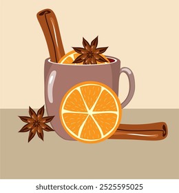 Illustration mit Tasse Glühwein mit Orange, Zimt, Anis gemütlich Herbst oder Winter Vektorgrafik Heißgetränk Weihnachtsstimmung 