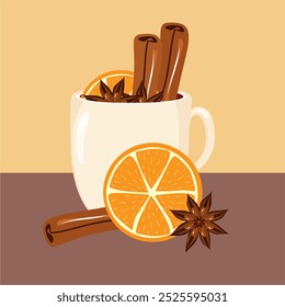 Illustration mit Tasse Glühwein mit Orange, Zimt, Anis gemütlich Herbst oder Winter Vektorgrafik Heißgetränk Weihnachtsstimmung 