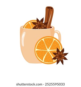 Illustration mit Tasse Glühwein mit Orange, Zimt, Anis gemütlich Herbst oder Winter Vektorgrafik Heißgetränk Weihnachtsstimmung 