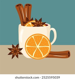 Illustration mit Tasse Glühwein mit Orange, Zimt, Anis gemütlich Herbst oder Winter Vektorgrafik Heißgetränk Weihnachtsstimmung 