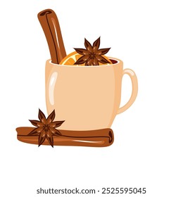 Illustration mit Tasse Glühwein mit Orange, Zimt, Anis gemütlich Herbst oder Winter Vektorgrafik Heißgetränk Weihnachtsstimmung 