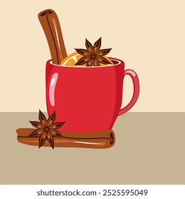 Illustration mit Tasse Glühwein mit Orange, Zimt, Anis gemütlich Herbst oder Winter Vektorgrafik Heißgetränk Weihnachtsstimmung 