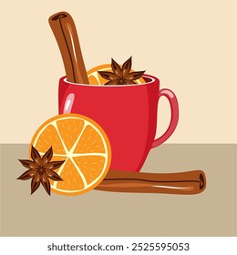 Illustration mit Tasse Glühwein mit Orange, Zimt, Anis gemütlich Herbst oder Winter Vektorgrafik Heißgetränk Weihnachtsstimmung 