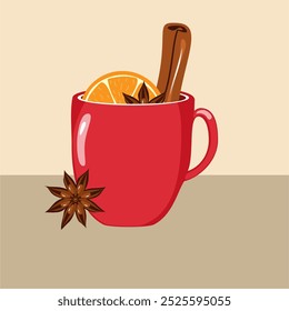 Illustration mit Tasse Glühwein mit Orange, Zimt, Anis gemütlich Herbst oder Winter Vektorgrafik Heißgetränk Weihnachtsstimmung 