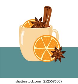 Illustration mit Tasse Glühwein mit Orange, Zimt, Anis gemütlich Herbst oder Winter Vektorgrafik Heißgetränk Weihnachtsstimmung 