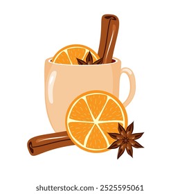 Illustration mit Tasse Glühwein mit Orange, Zimt, Anis gemütlich Herbst oder Winter Vektorgrafik Heißgetränk Weihnachtsstimmung 