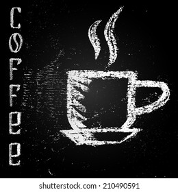 Illustration of cup on a chalkboard with word coffee
