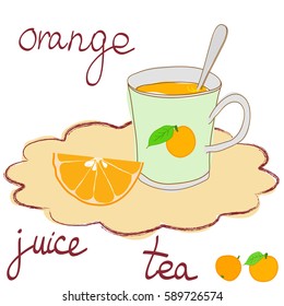 Illustration with cup of orange drink and cut orange