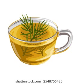 Illustration of a cup of spruce tips tea, or pine needle tea, isolated on white background.