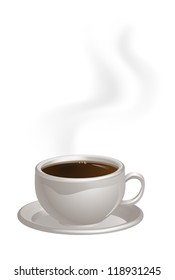 An illustration of a cup of steaming black Coffee on a saucer