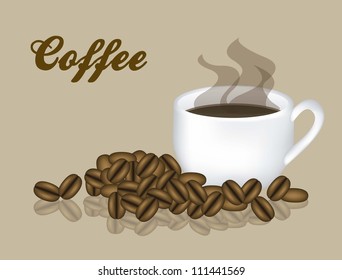 Illustration of a cup of steaming coffee with coffee beans, vector illustration