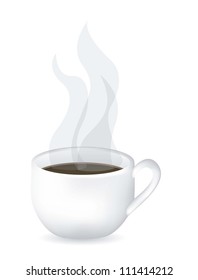 Illustration of a cup of steaming coffee on plate, vector illustration