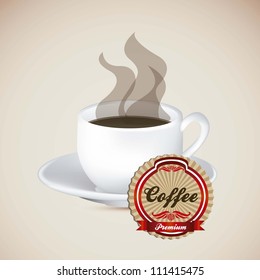 Illustration of a cup of steaming coffee on plate, vector illustration