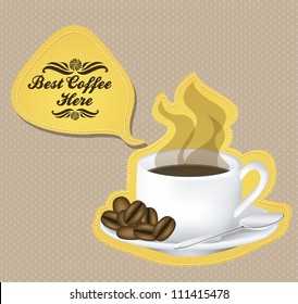 Illustration of a cup of steaming coffee on plate, vector illustration
