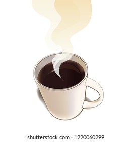 Illustration of a cup of steaming hot coffee or tea from the drinker's viewpoint