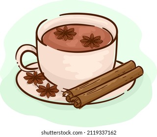 Illustration of a Cup of Tea with Cinnamon Sticks and Star Anise for Christmas