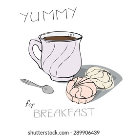 Illustration of a cup of tea with meringue and teaspoon. Breakfast time.
