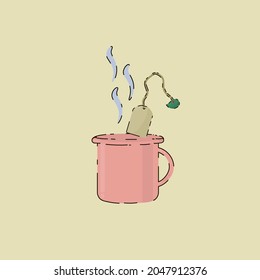 Illustration of a cup of tea. A mug of tea, tea time. A cozy drawing drawn in the style of doodles for design. Vector illustration