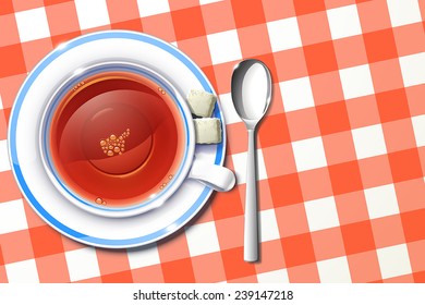 illustration of cup of tea on red tablecloth