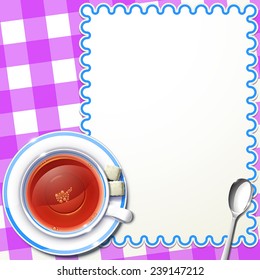 illustration of cup of tea on tablecloth and paper