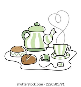 Illustration of a cup of tea and some cakes and a teapot