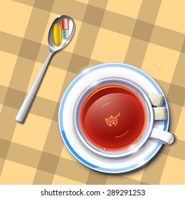 illustration of cup of tea with spoon full pills