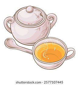 Illustration with cup of tea and sugar bowl 