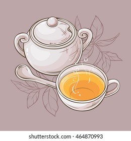 Illustration with cup of tea and sugar bowl on grey  background