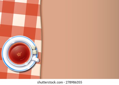 illustration of cup of tea with sugar at tablecloth