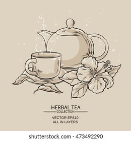 Illustration with cup of tea, teapot and hibiscus flower on brown background