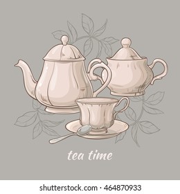 Illustration with cup of tea, teapot and sugar bowl on grey background