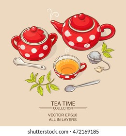 Illustration with cup of tea, teapot and sugar bowl on brown background