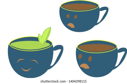 illustration of a Cup of tea and two cups of coffee cartoon vector graphics