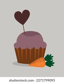 Illustration Cupcake with Carrot and Candy Love Heart