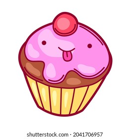 Illustration of cupcake in cartoon style. Cute funny character.