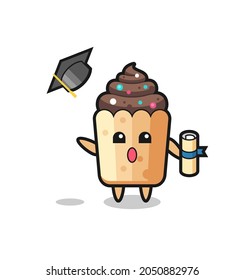 Illustration of cupcake cartoon throwing the hat at graduation , cute design
