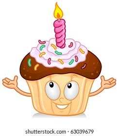 Illustration of a Cupcake Character with a Candle on on Top Gesturing Something with his Hands