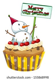 Illustration of a cupcake with a christmas sign and a snowman on a white background
