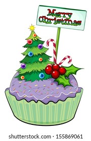Illustration of a cupcake with a christmas tree and a card on a white background