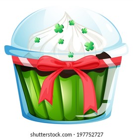 Illustration of a cupcake container with a green cupcake and a pink ribbon on a white background