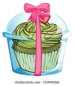 Illustration of a cupcake container with a cupcake and a pink ribbon on a white background