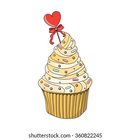 Illustration with cupcake and heart . Tasty illustration .