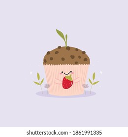 illustration of a cupcake holding a strawberry with plants surrounding and growing on it