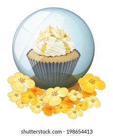 Illustration of a cupcake inside the crystal ball on a white background