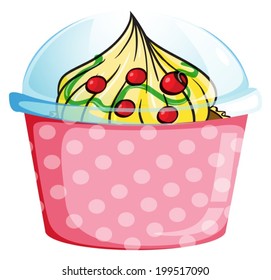Illustration of a cupcake inside a dotted pink container on a white background