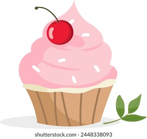 Illustration of cupcake with pink cream and cherry